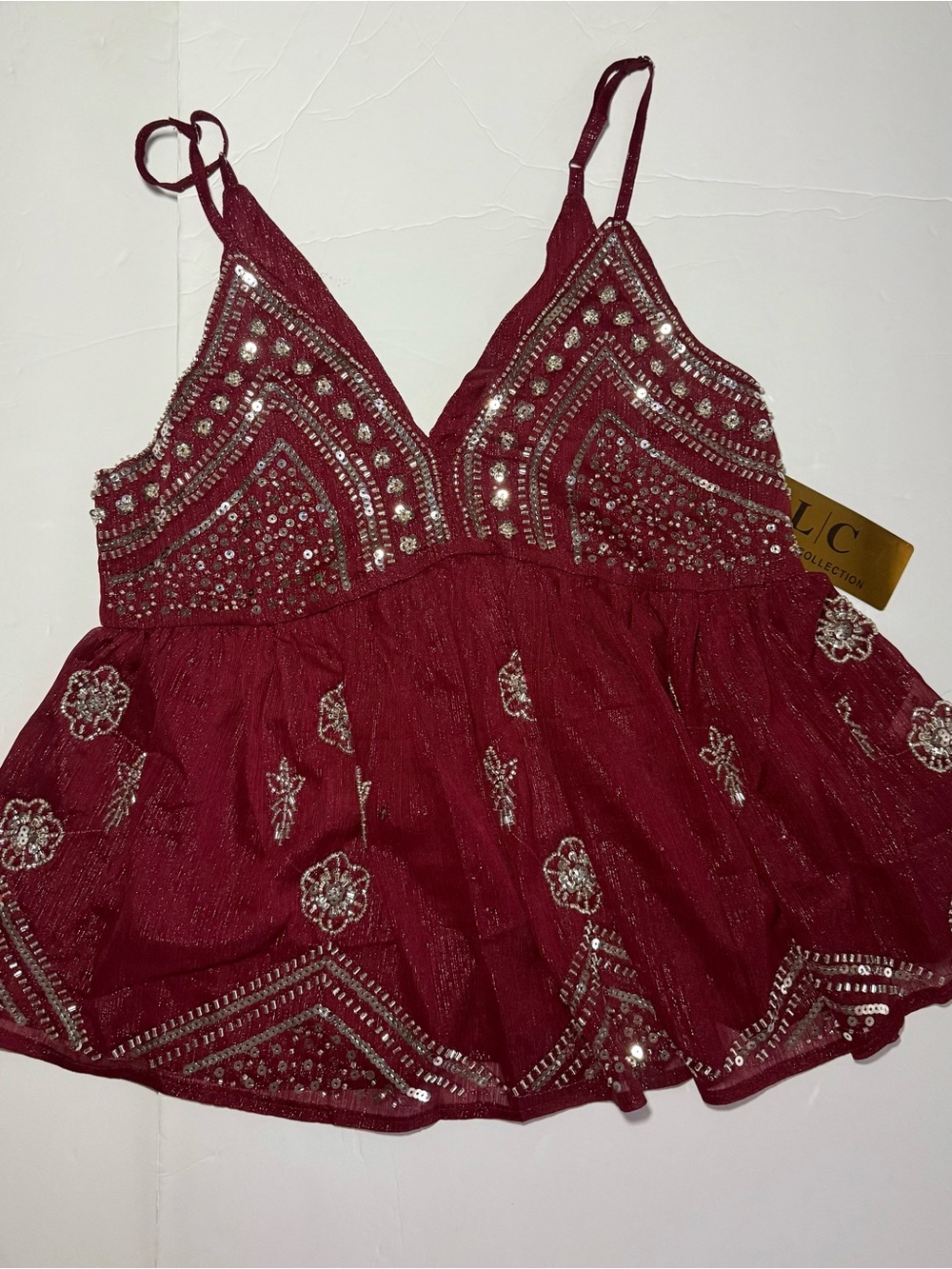 LC Azette Collection Beaded Sequin Burgundy Red Cami Top - Size S - Y2K - NWT